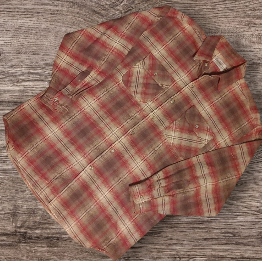 C.E. Schmidt Plaid Men's Flannel Shirt in Red and Brown Large